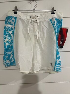 TYR White Swim Board Short with Turquoise Accent